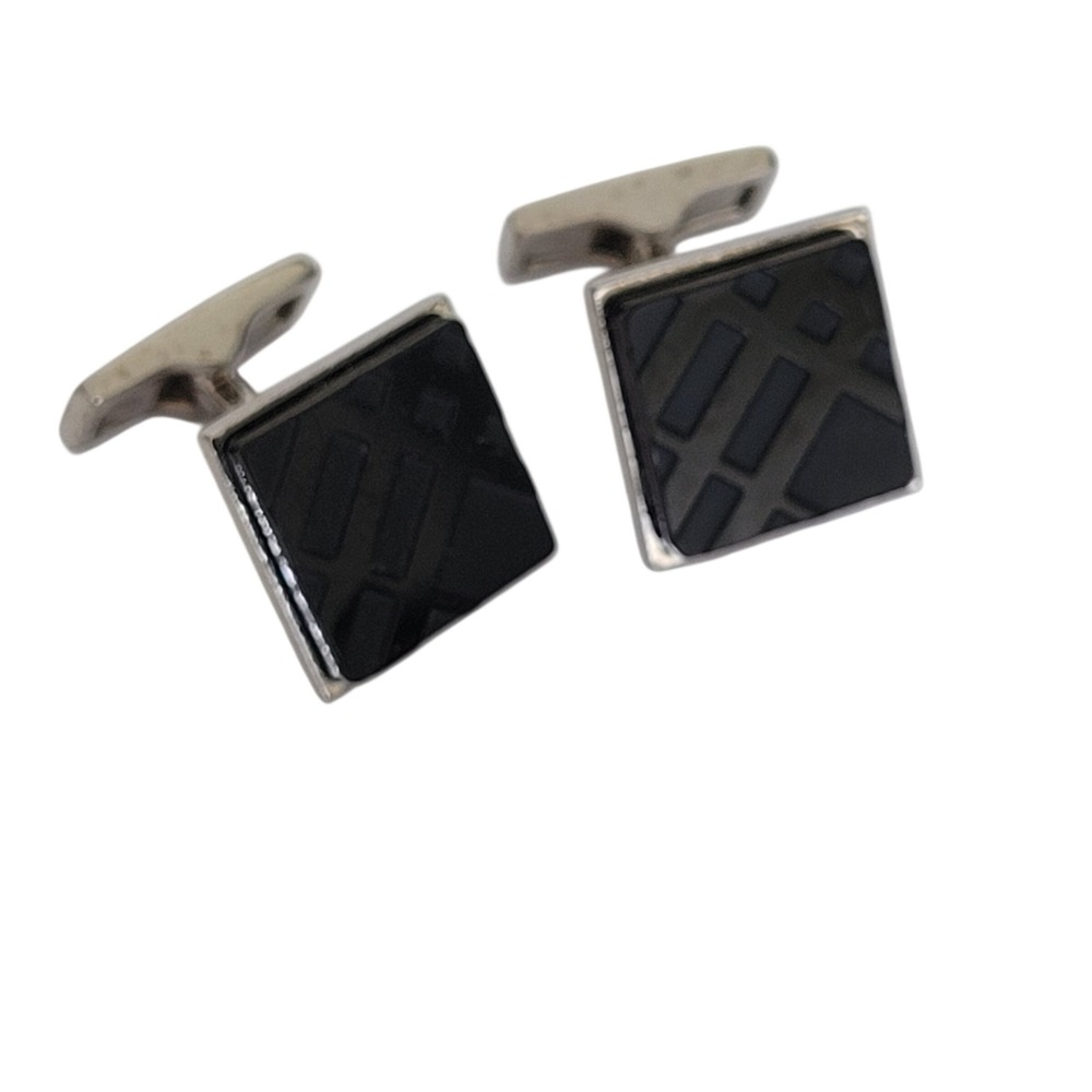 Burberry Mens Square Cufflinks Black Nova Check Pattern Silver Tone Designer